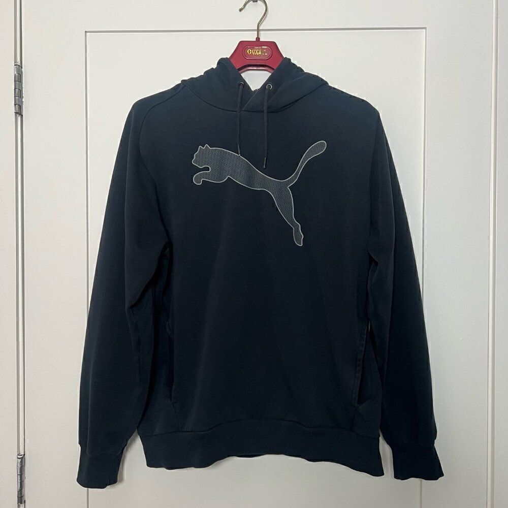 Puma Men Hoodie Sweatshirt Pullover Large Black Gray Big Cat Logo Fleece Pockets